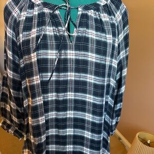 LOFT Women's Black and White Plaid Peasant Top - Classic Tie Neck